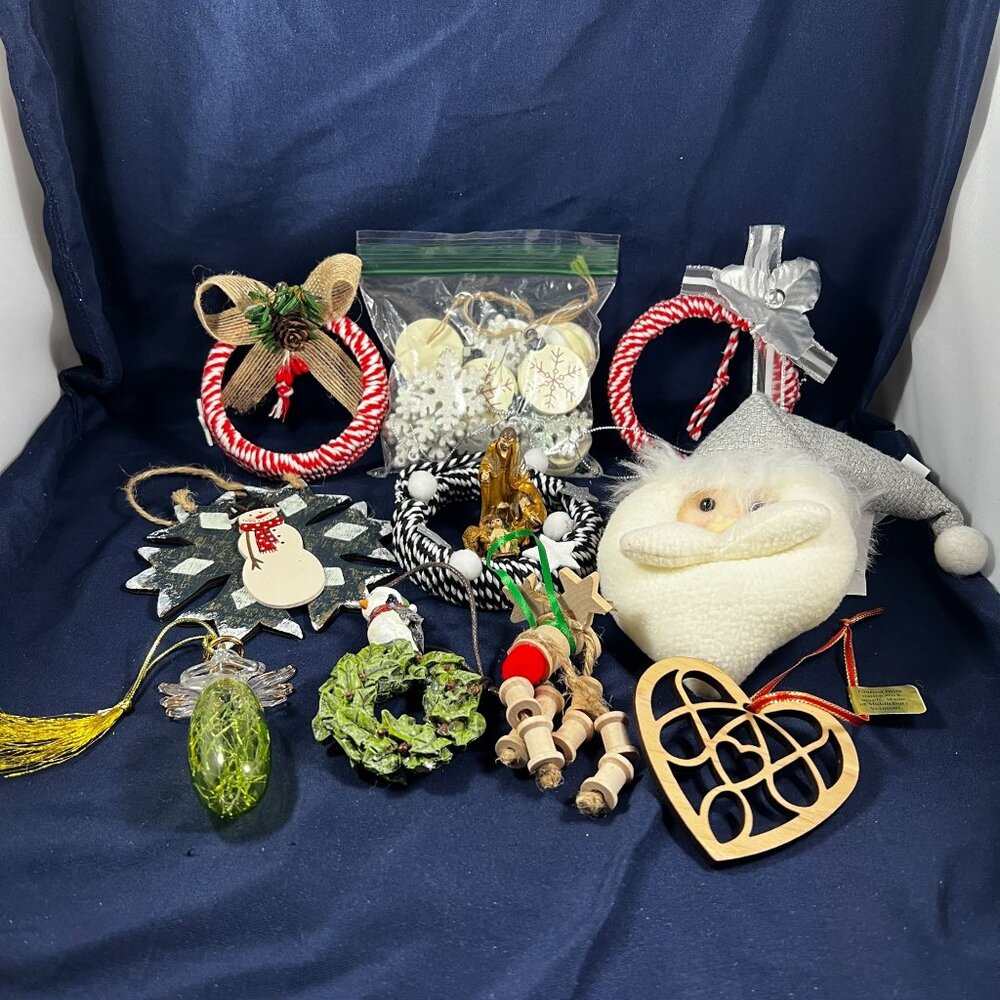 Assorted Christmas Ornaments Set Of 10+ Including Santa Snowman Wreaths & Angel